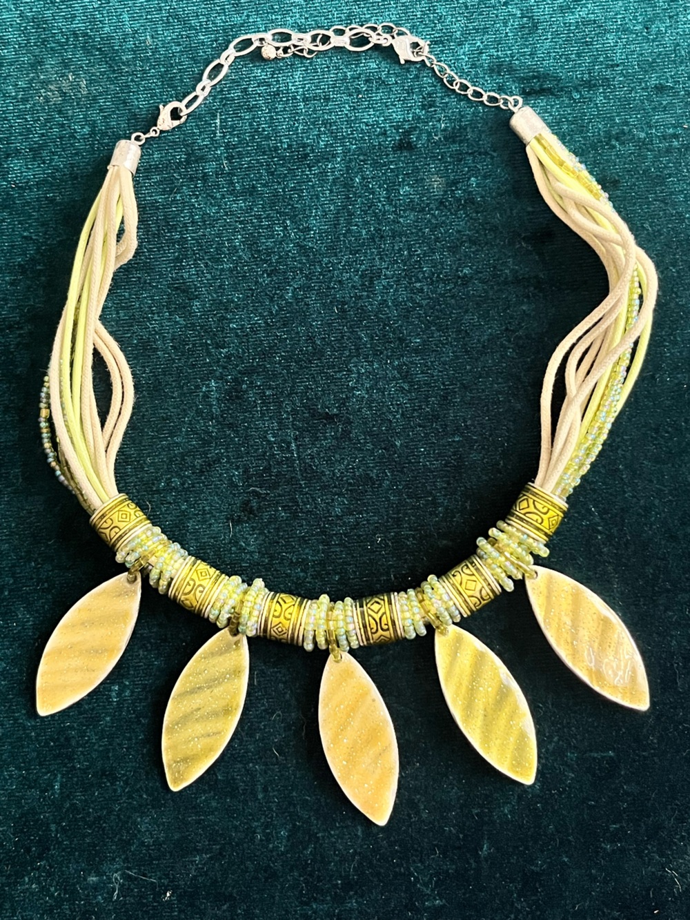 Handmade Green Bead & Enamel Metal Leaf Statement Necklace